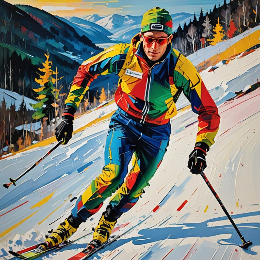 Cross Country Skier in Snowy Valley with Expressionist Brush...