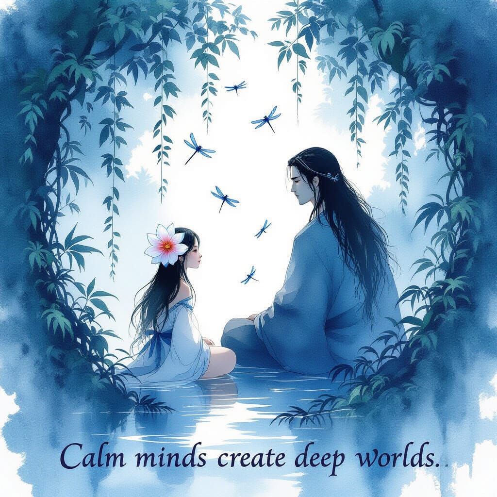 Amazon Rainforest Scene in Japanese Ink Painting Style