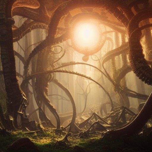 Steampunk Forest Community in Eldritch Sci-Fi Style