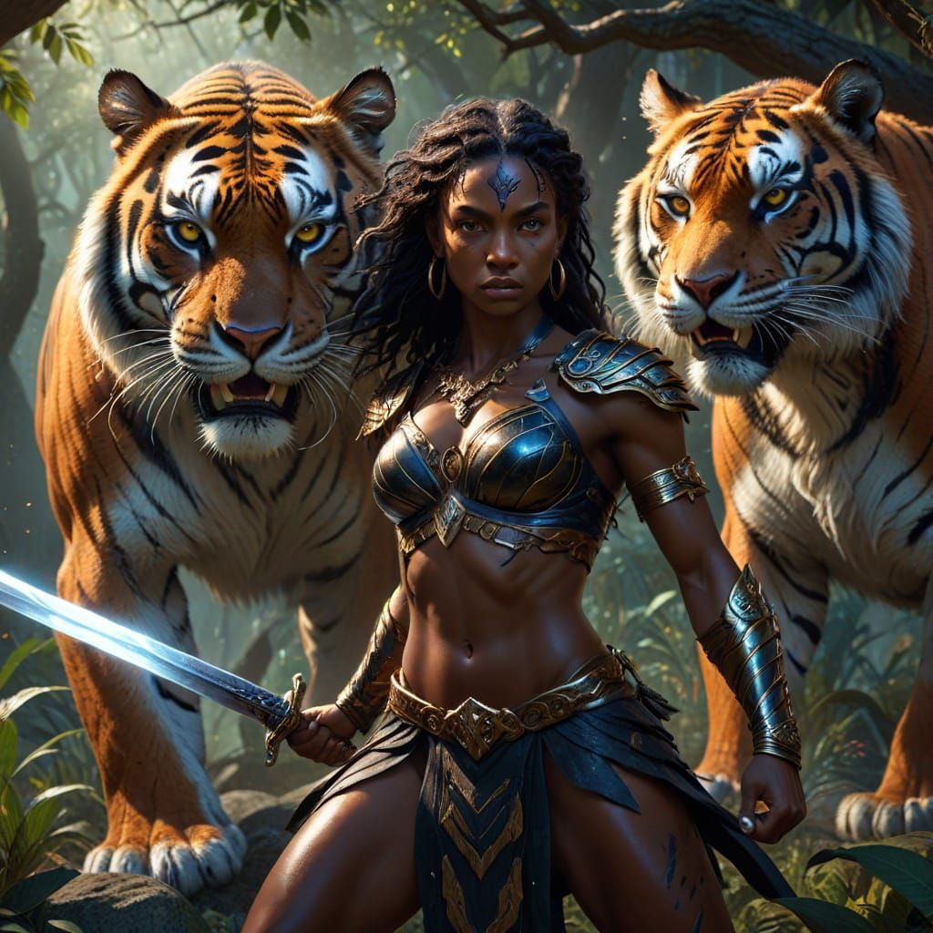 Ebony Nature Goddess Fights Foe with Glowing Sword