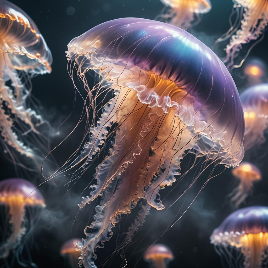 Iridescent Jellyfish Floating in Misty Void