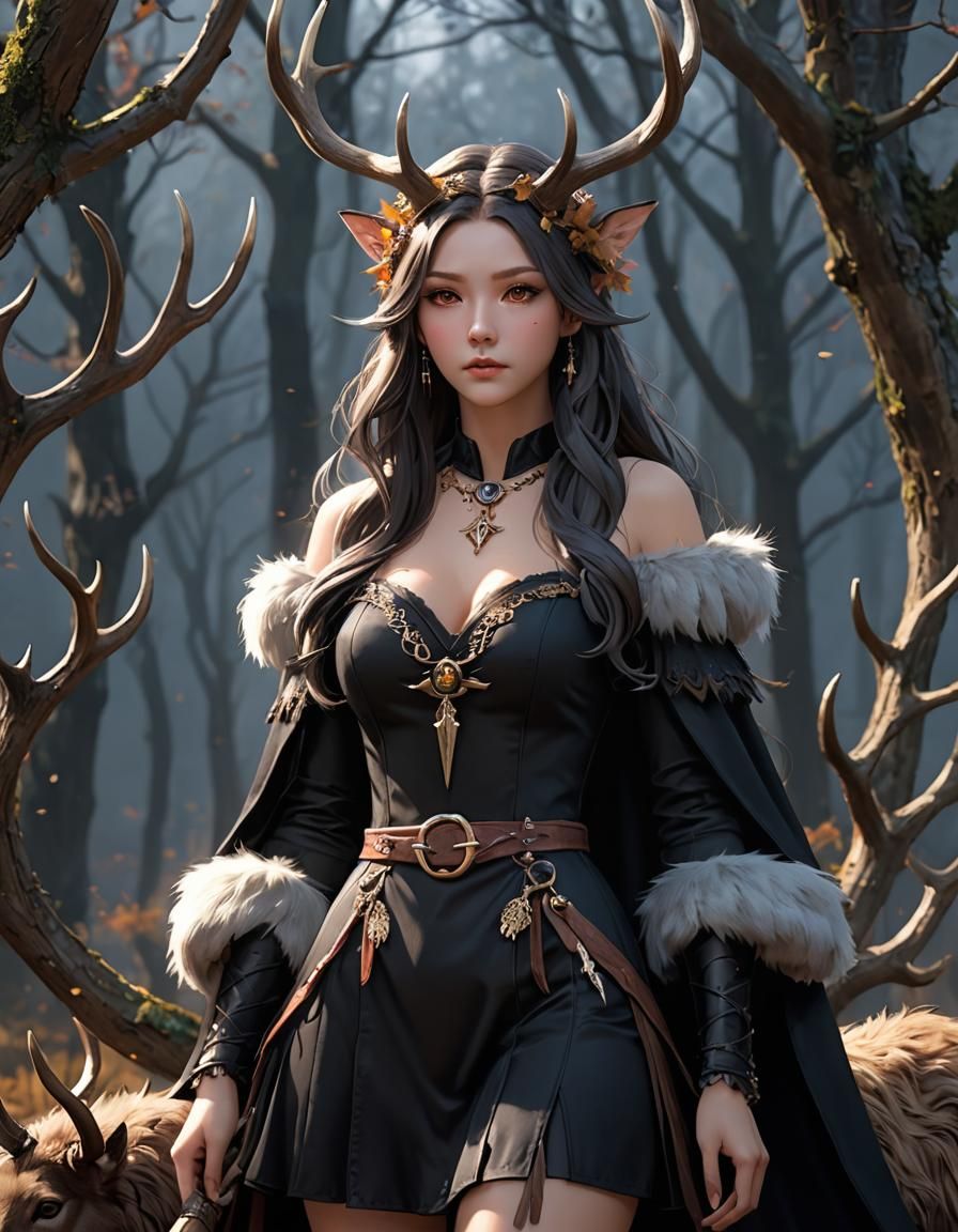 Anime Witch with Antler Headdress in 3D