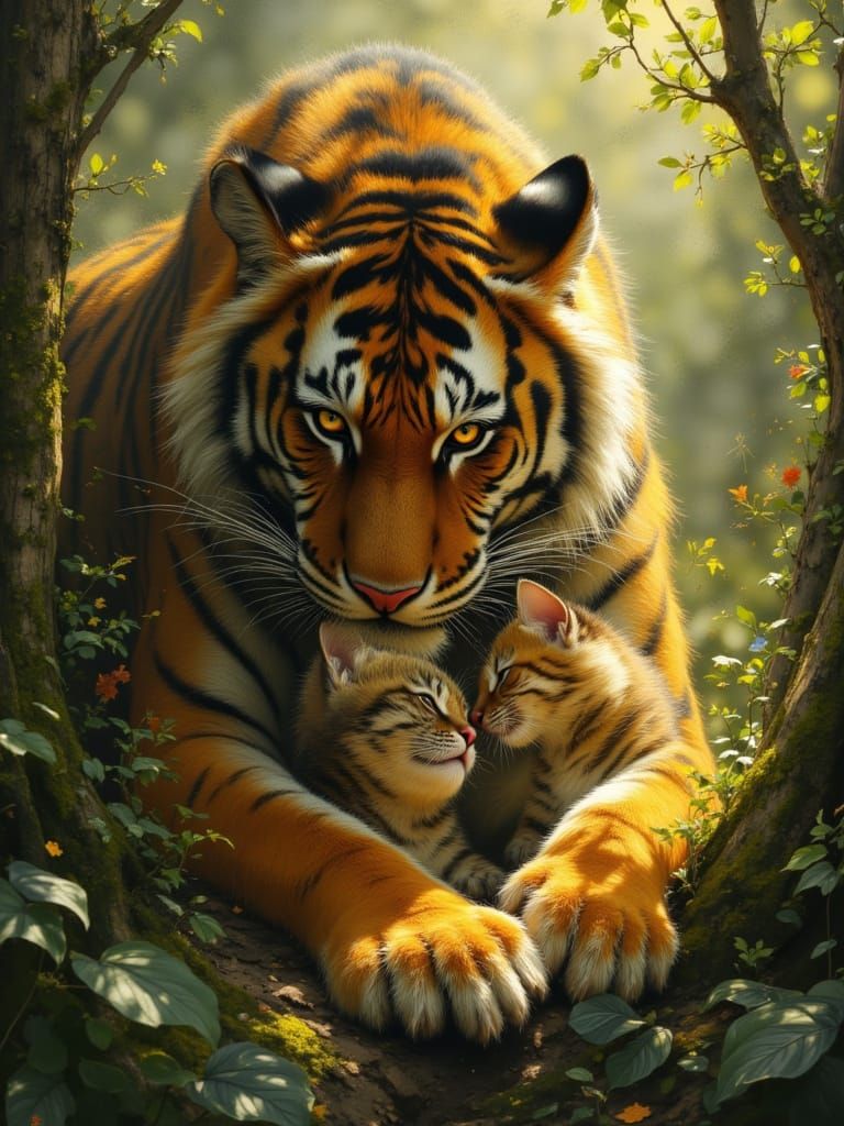 Tiger and Kitten in Serene Forest, Digital Painting Style