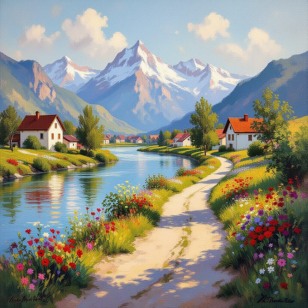 Impressionist River Path with Wildflowers and Mountains
