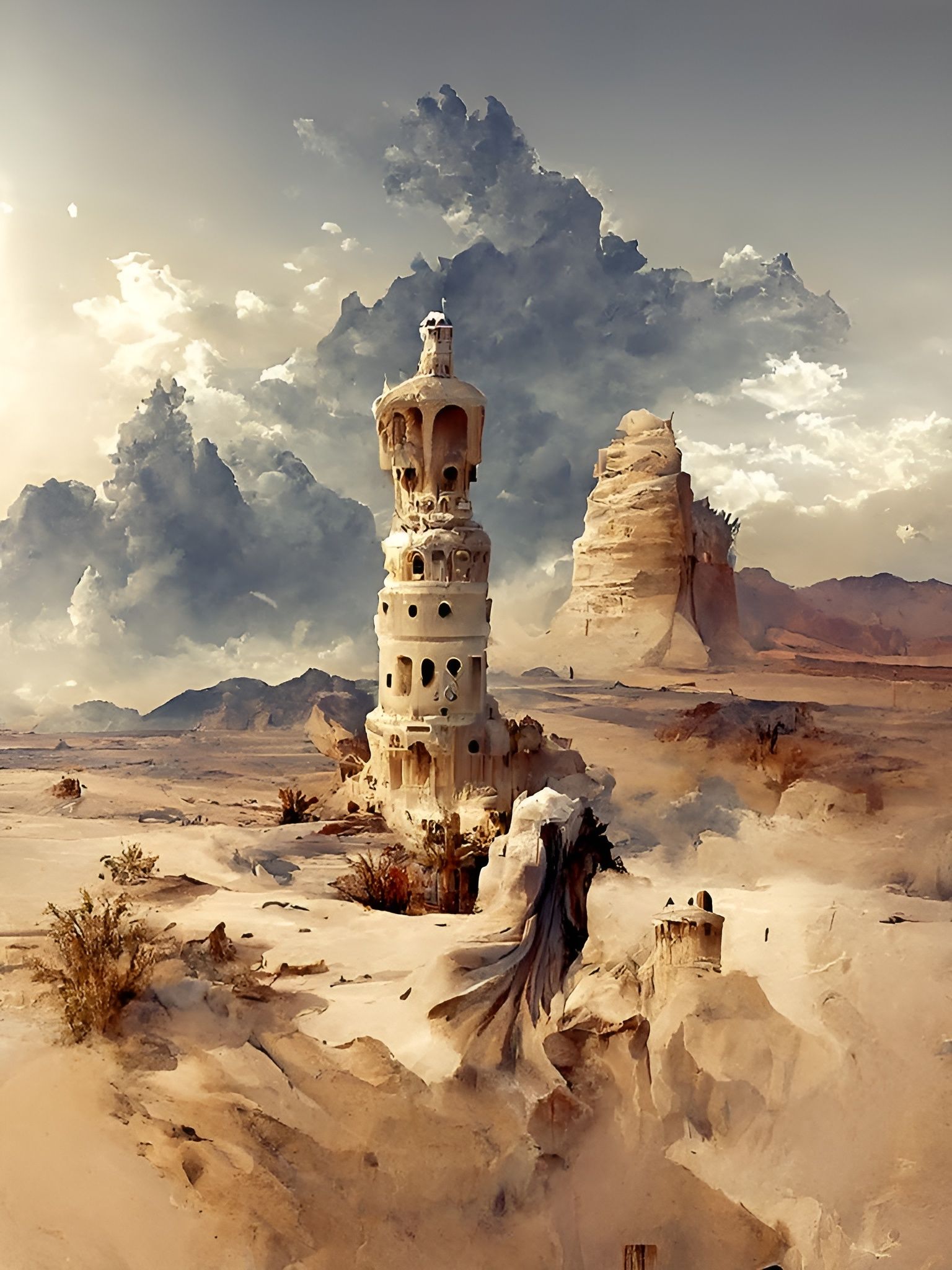 Mystical Tower in Desert Landscape