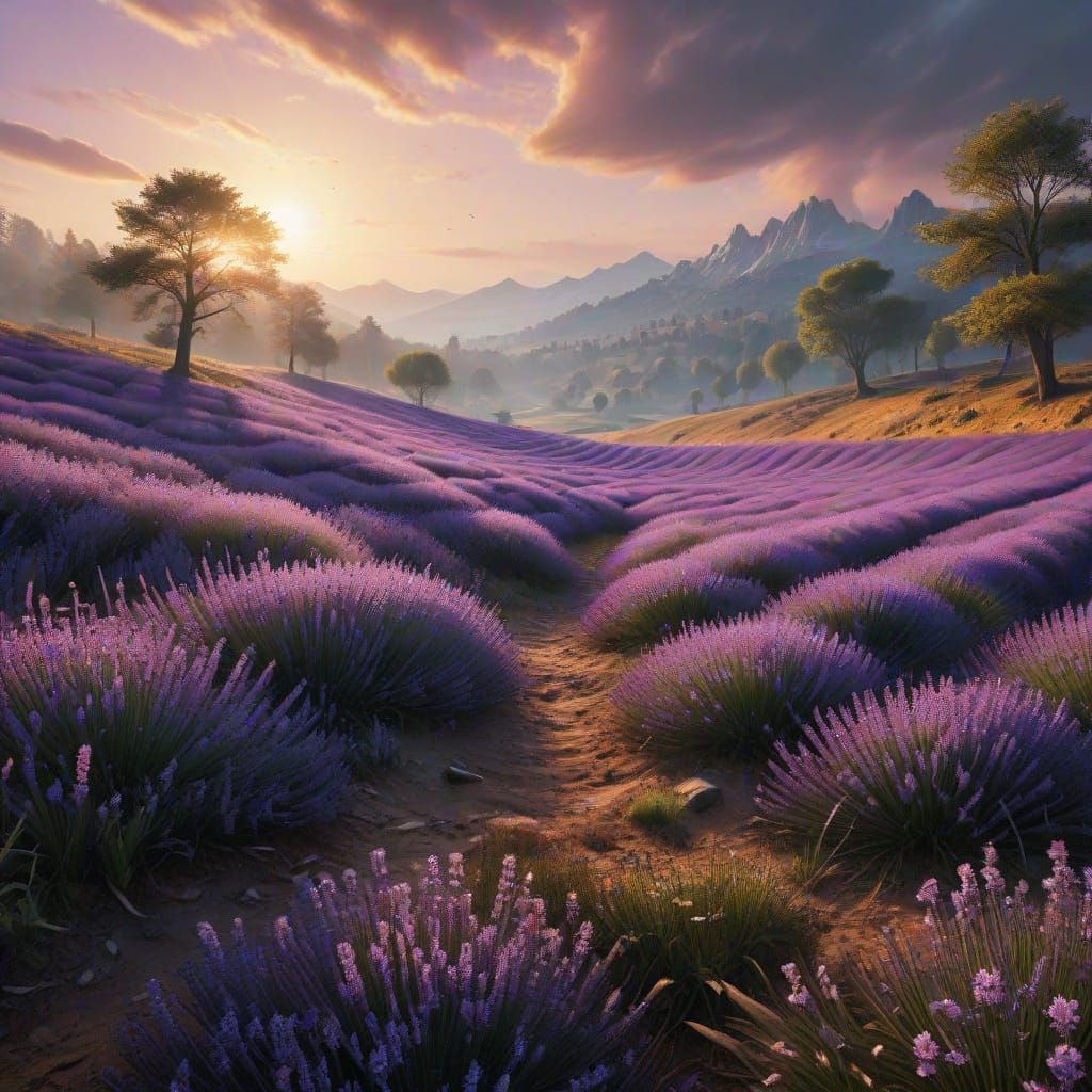 Dreamlike Lavender Fields Under Volumetric Winter Light