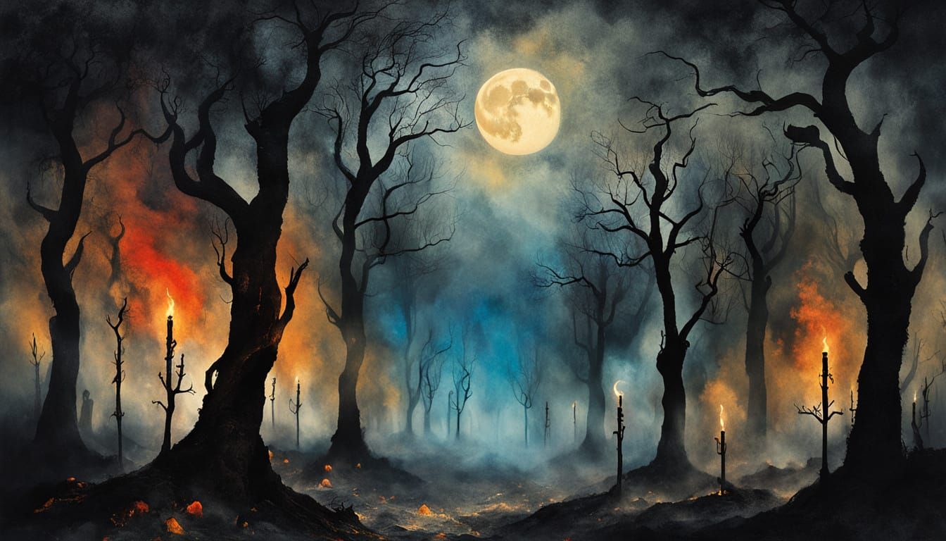 Black Torches in Moonlit Landscape: Symbolism Art