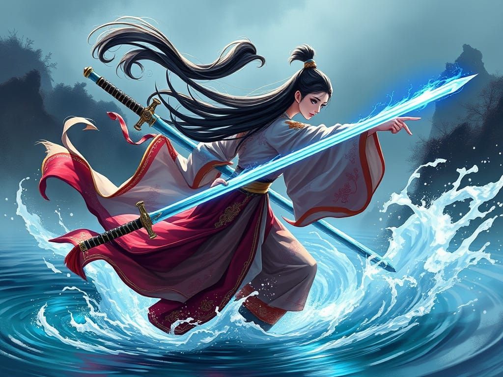 Majestic Maiden Wields Glowing Blue Sword Above Serene Lake