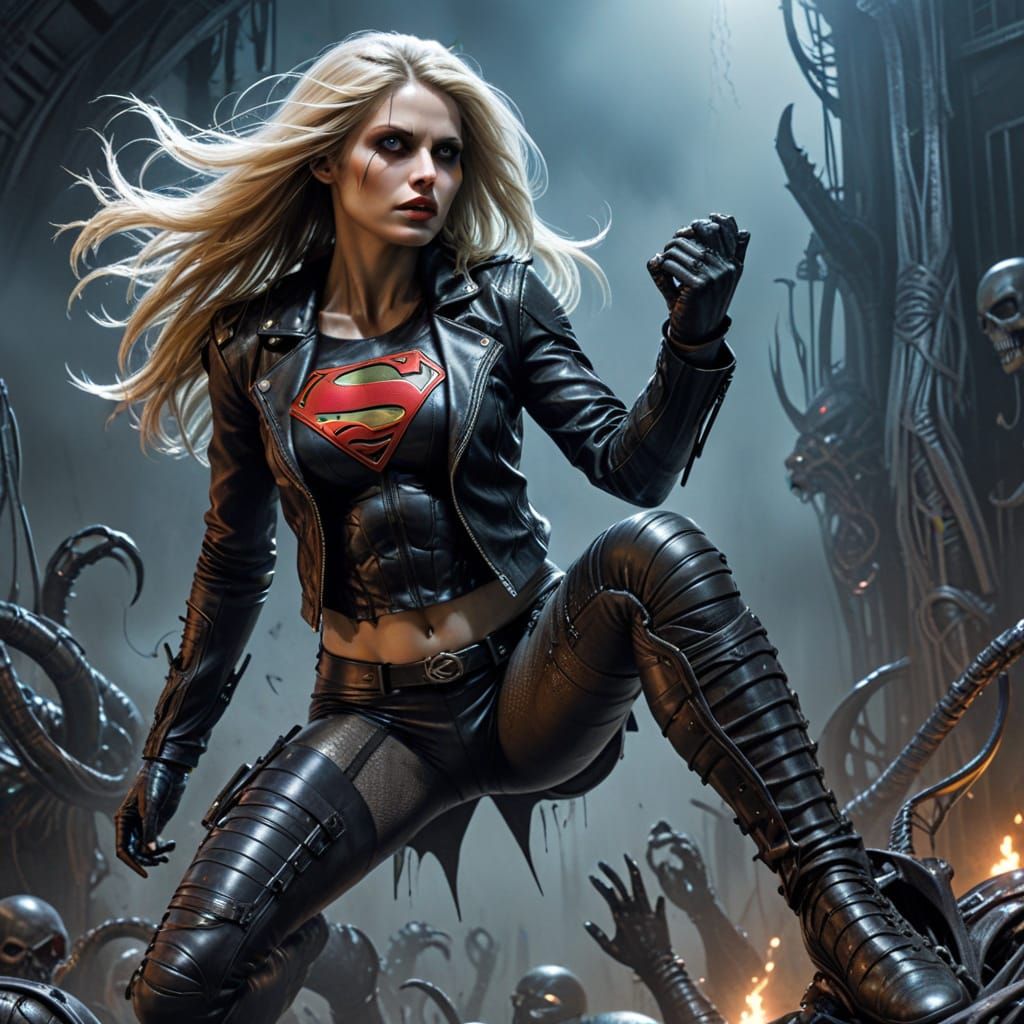 Supergirl Headbanging in Dark Fantasy Comic Style