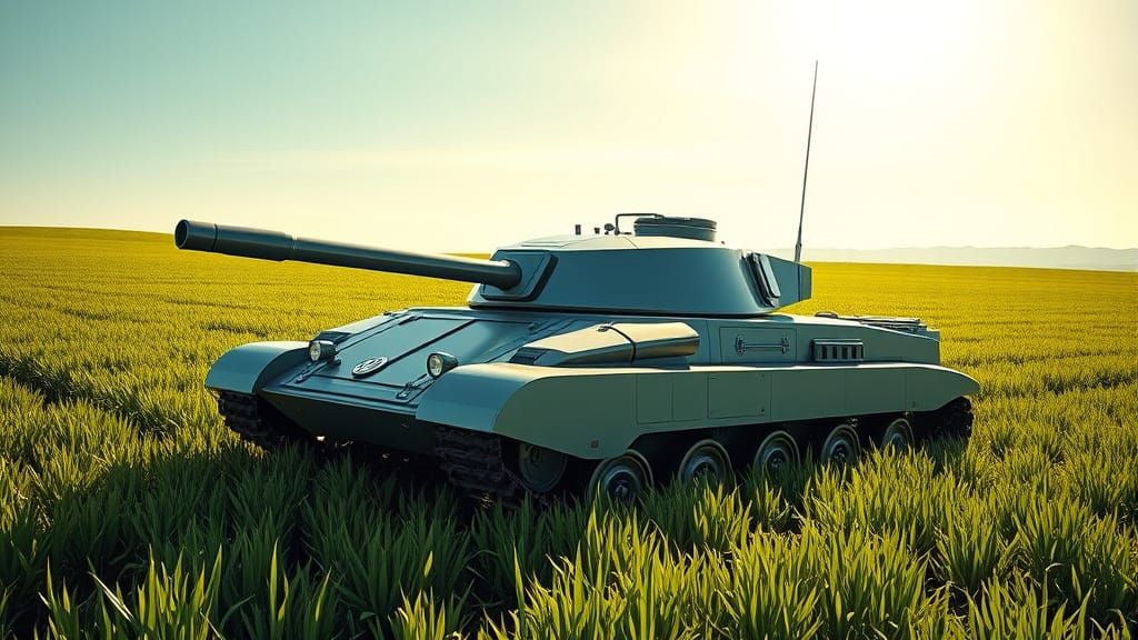 Futuristic Volkswagen Tank in a Lush Green Meadow
