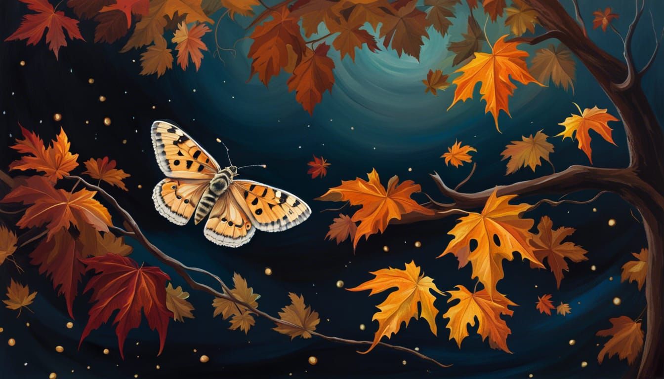 Moth in Autumn Night: Detailed Oil Painting