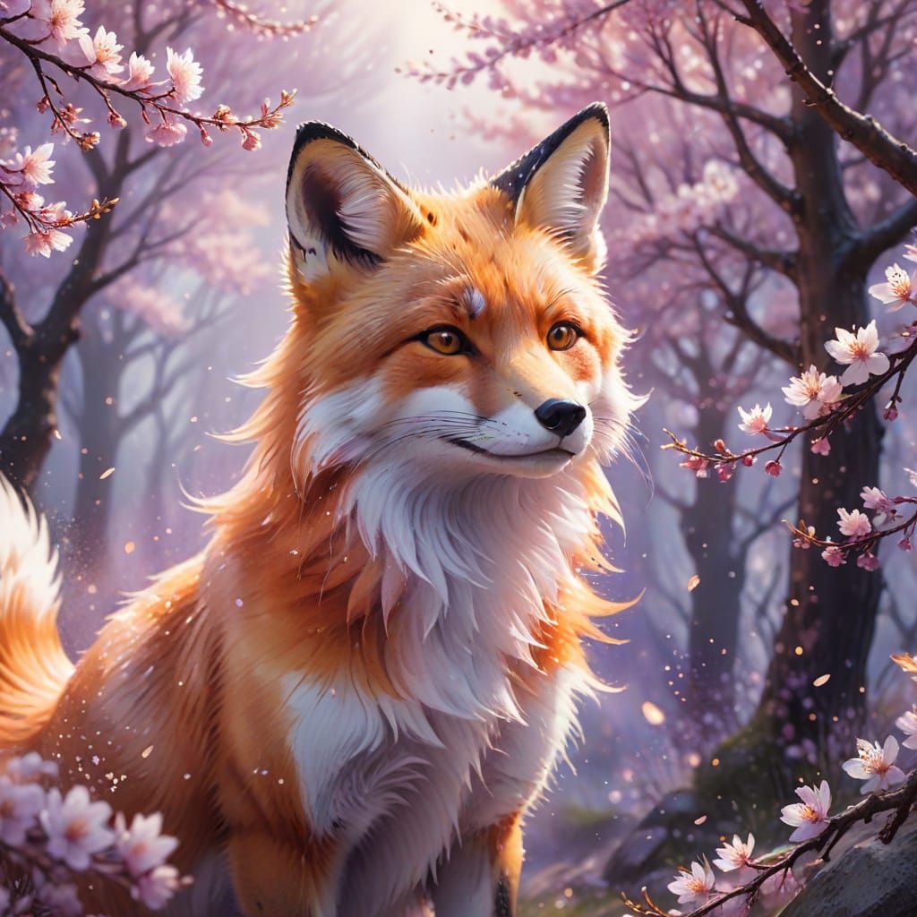 Spiritual Fox in Misty Cherry Blossoms Anime Watercolor