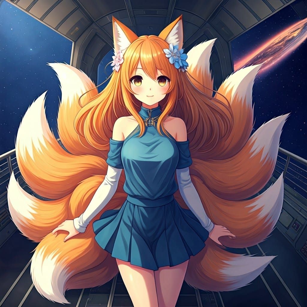 Anime Fox Girl in Rocket Sailing the Galaxy