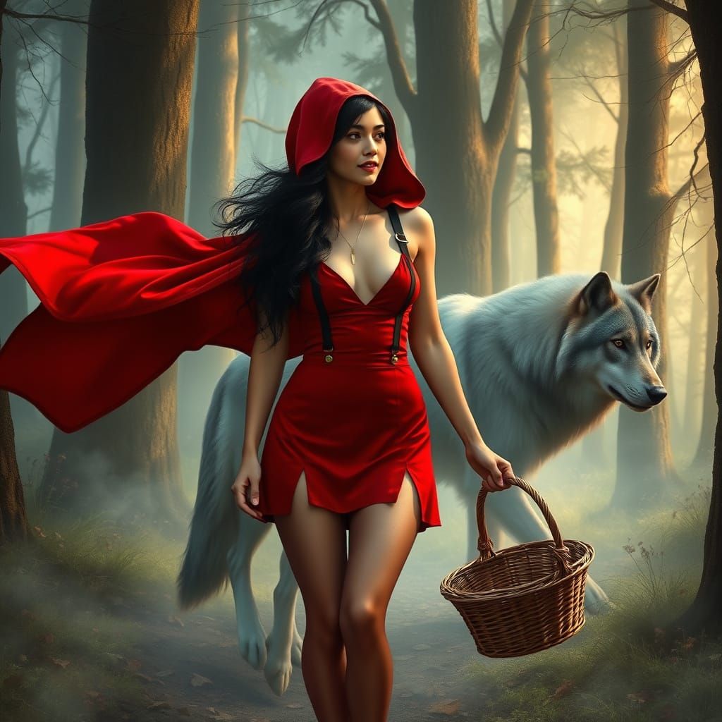 Red Riding Hood in Enchanted Forest with Wolf