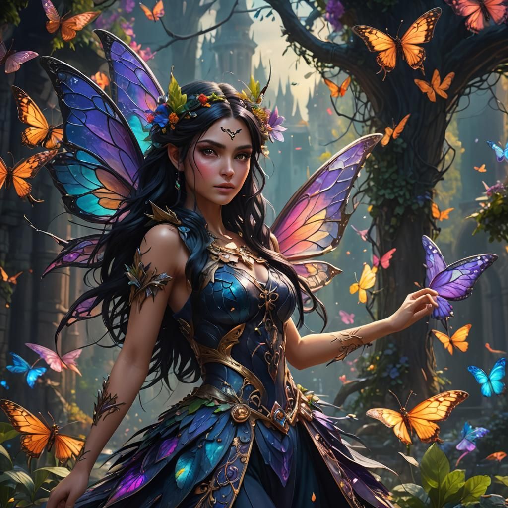 Colorful Dark Hair Fairy in Detailed Matte Painting