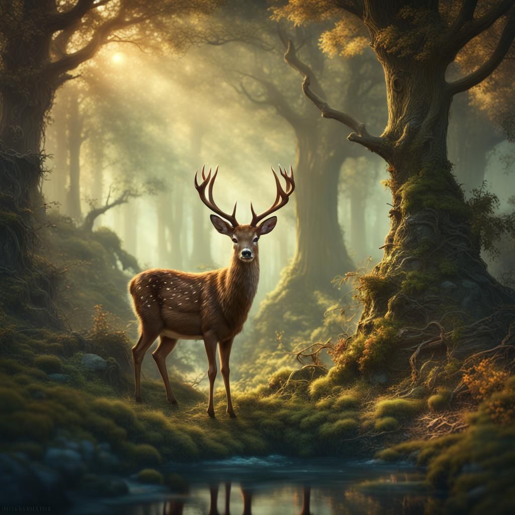 Woodland Deer in Fairy Forest, Edith Holden Style