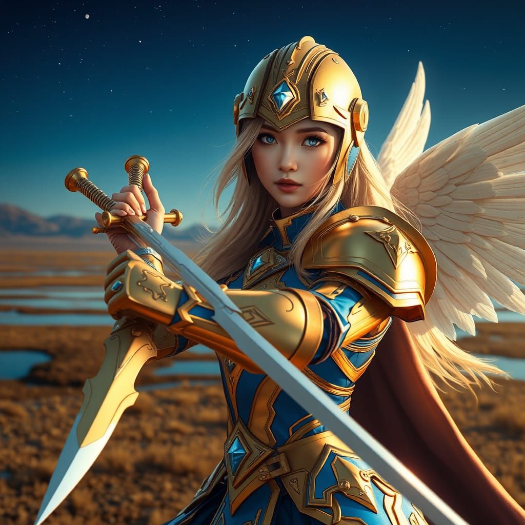 Angelic Asian Knight in Golden Armor with Sword