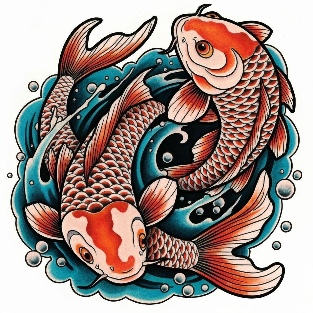Koi Fish Tattoo Design in Vibrant High-Contrast Style