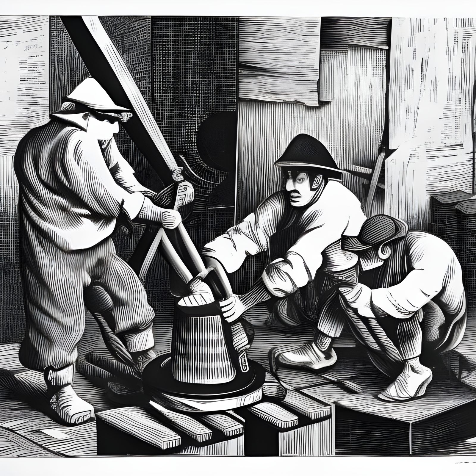 Checkered Workers Forging Wheel, Black and White Linocut