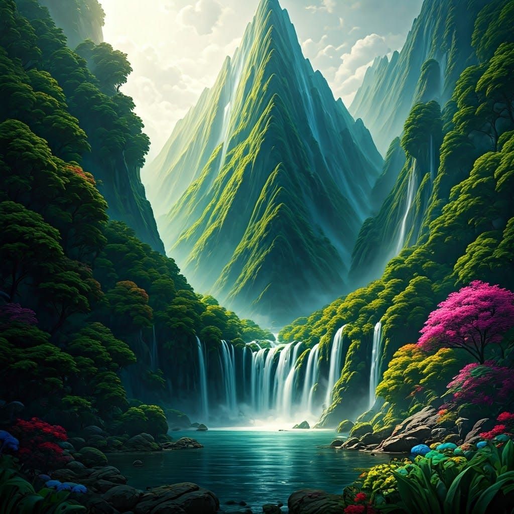 Lush Mountain Landscape with Turquoise Waterfalls