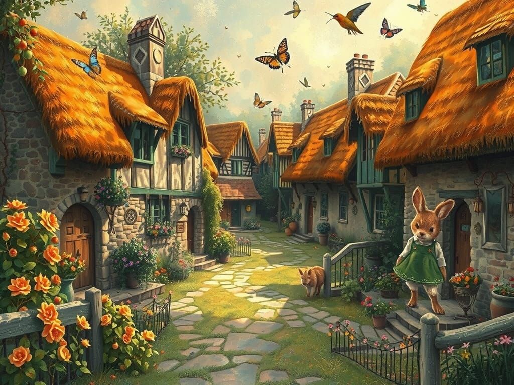 Whimsical Village of Fuzzy Friends in 3D Alcohol-Ink Style