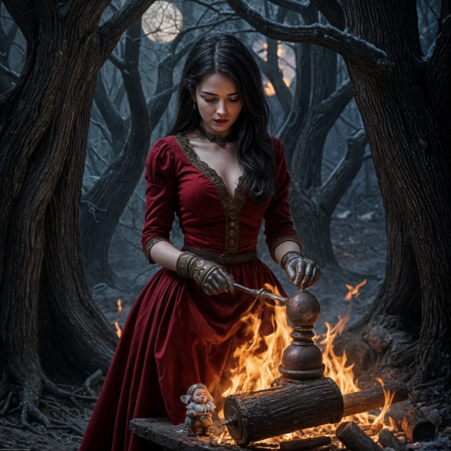 Hyperrealistic Woman Cooking Dwarf Over Fire