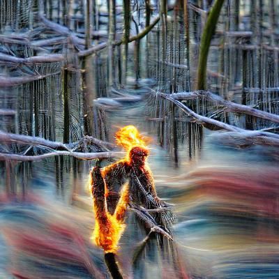 Fiery Figure in Frozen Forest Landscape