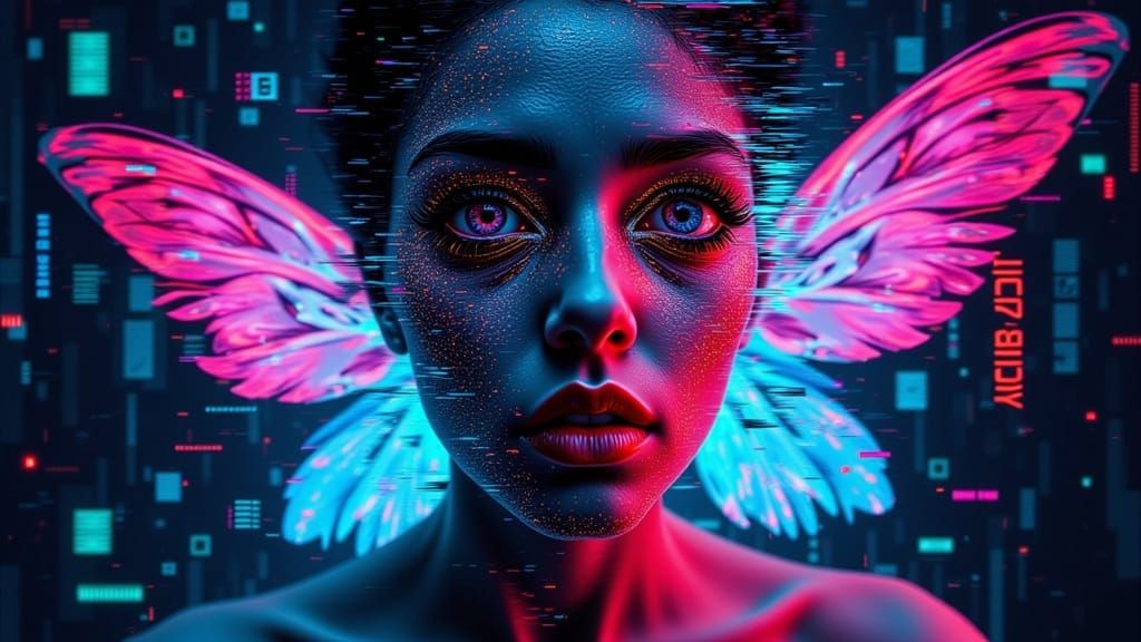 Cyborg Fairy Astronaut in Glitch Art Style