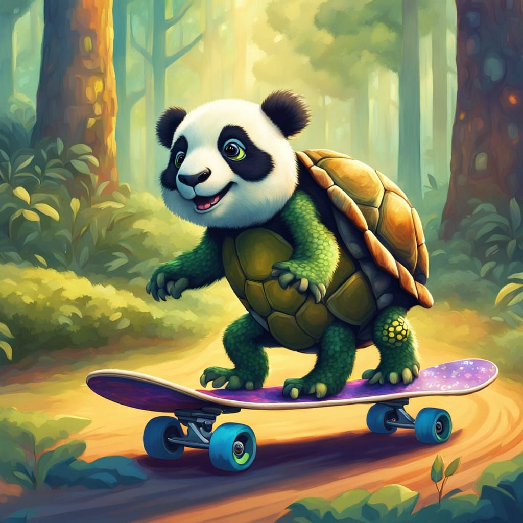 Turtle Skateboarder with Panda Passenger in Golden Hour