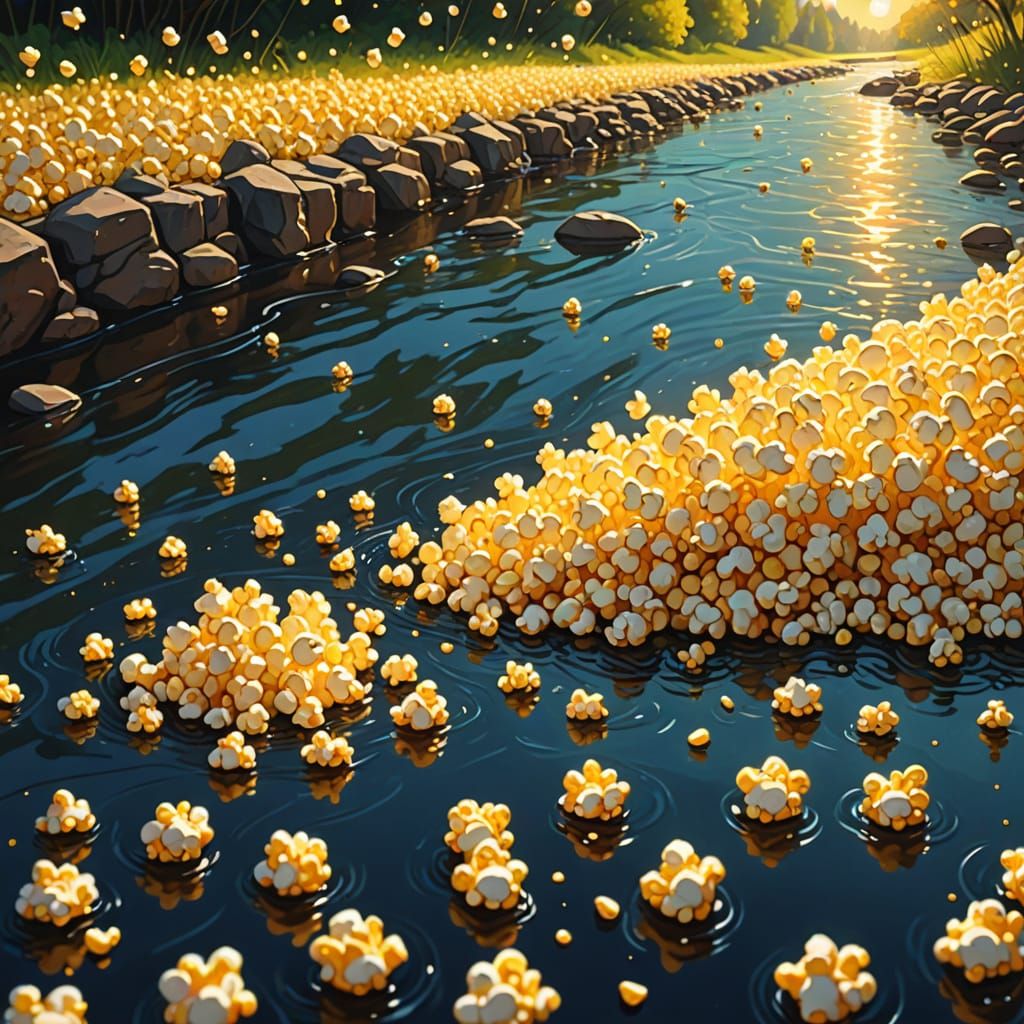 River Flowing with Popcorn in Playful Digital Style