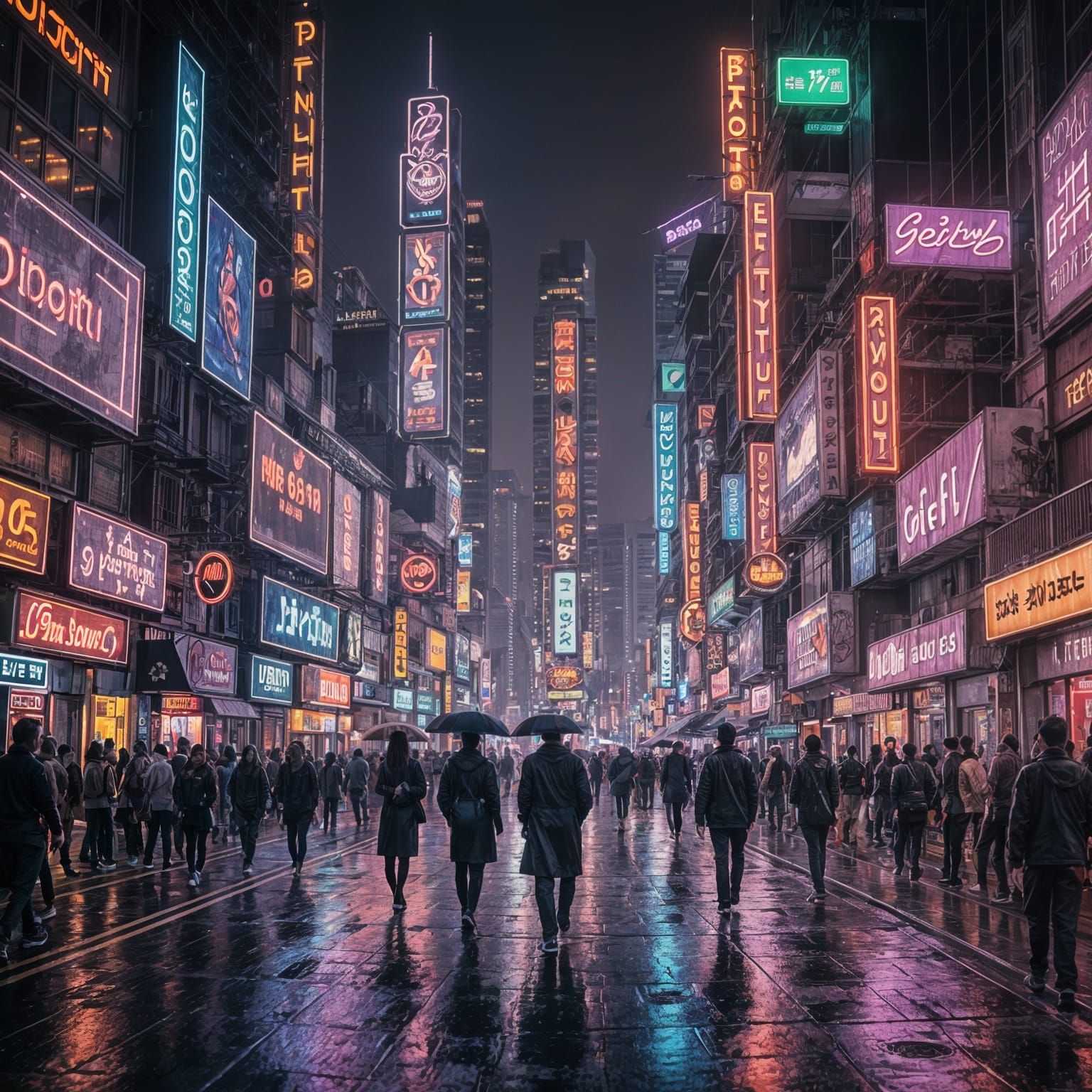 Neon City Street at Night: Hyperdetailed Realism