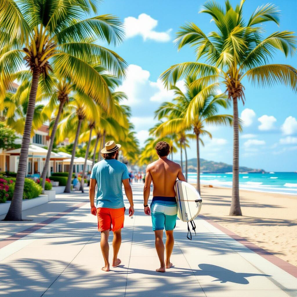 Friends Walking on Boardwalk with Surfboard