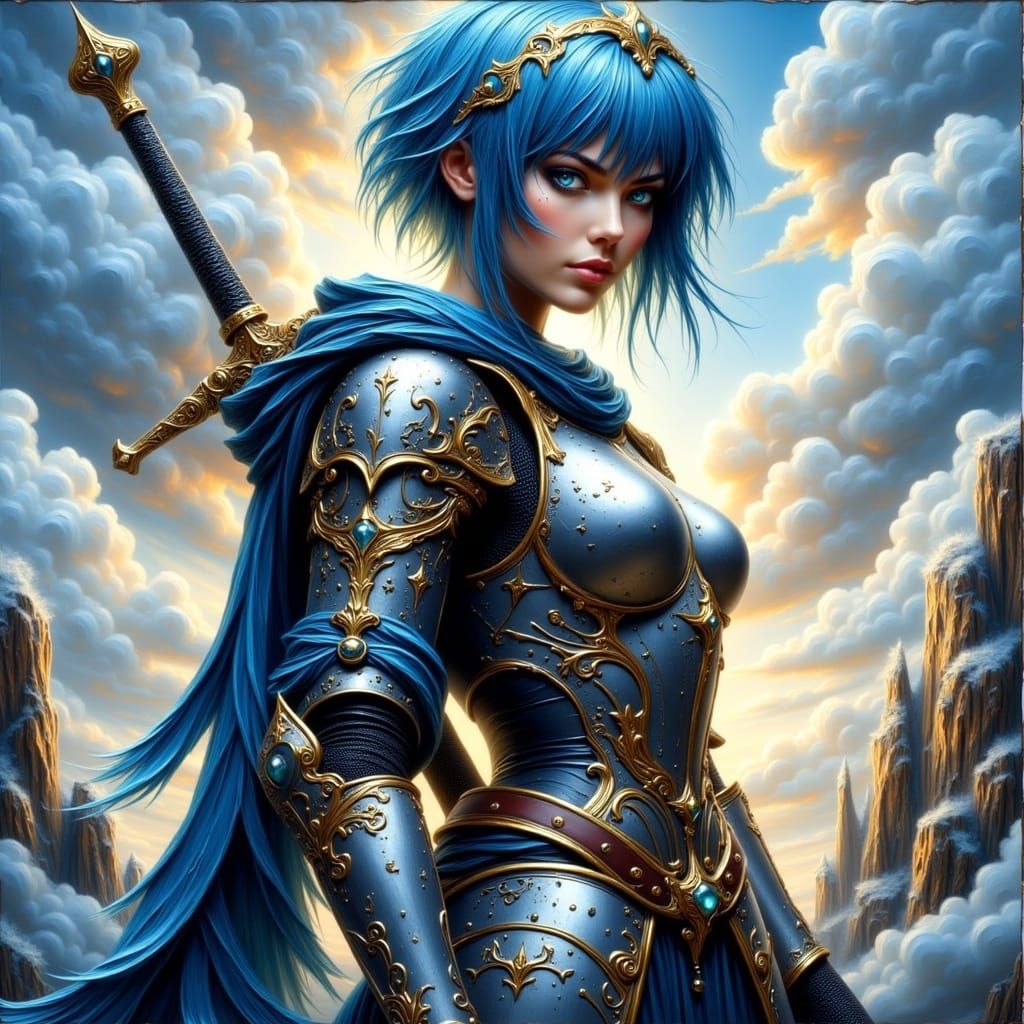 Powerful Anime Knight with Holy Sword on Mountain