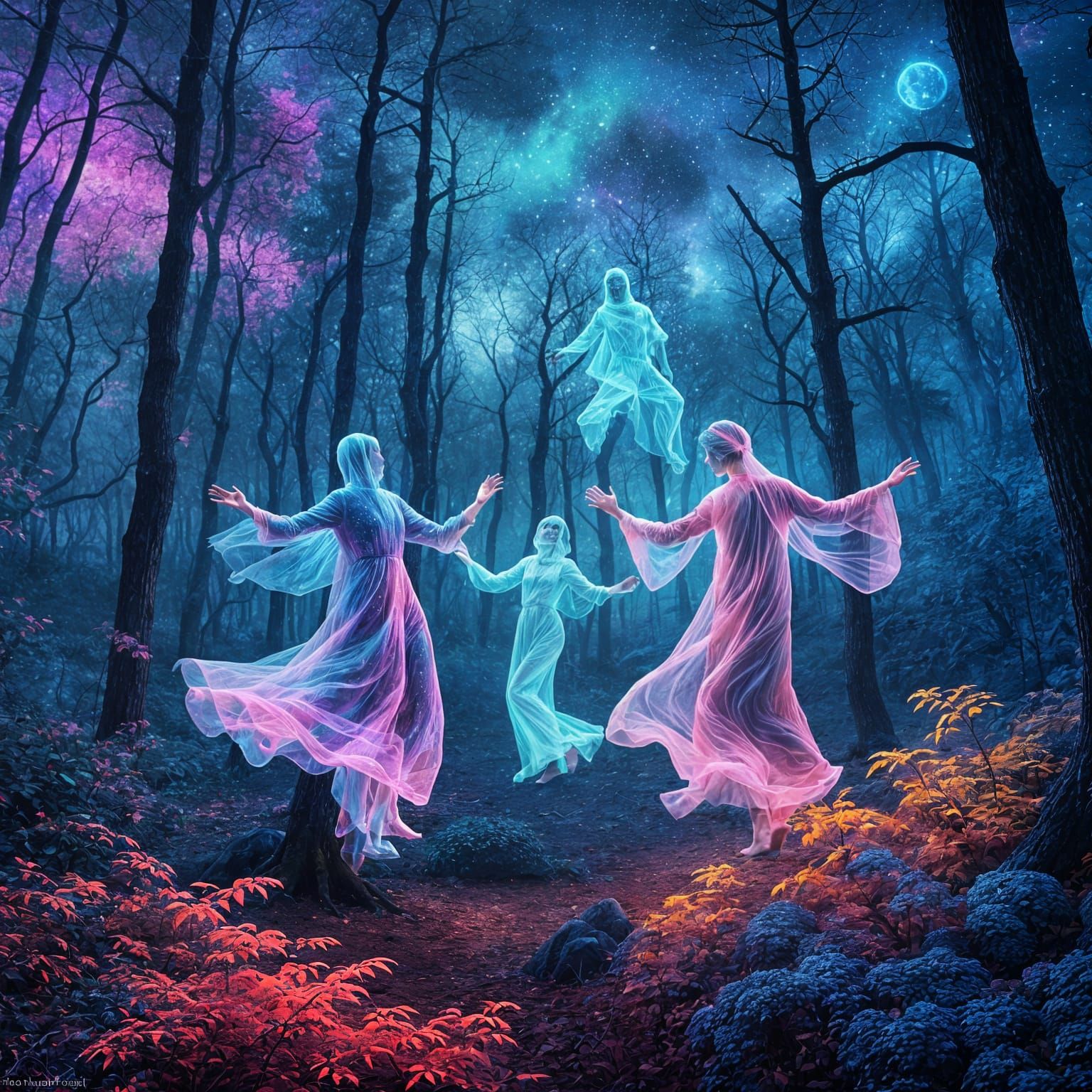 Ghosts Dancing in Holographic Astral Illustration