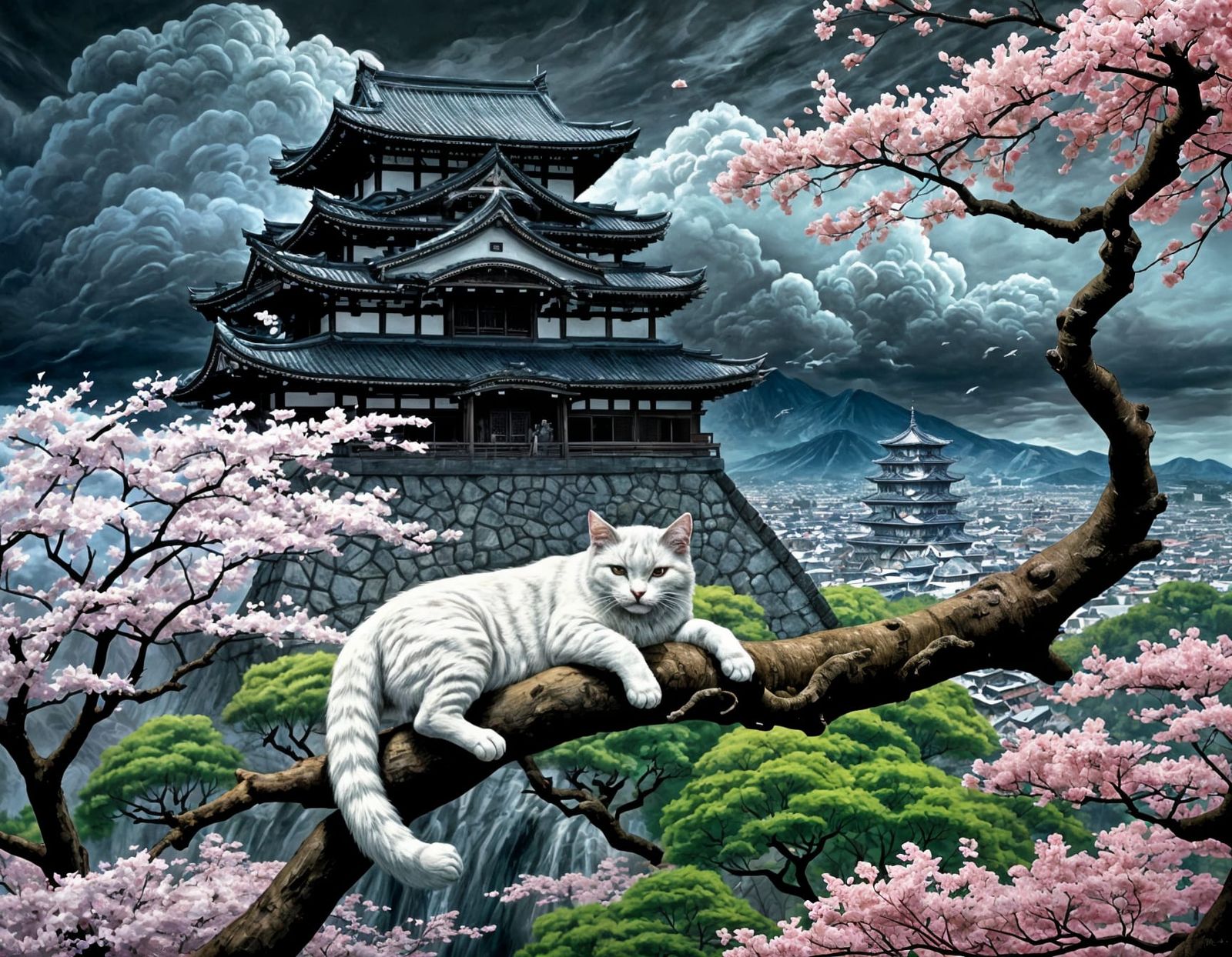 Cat Yokai Slumbering Before Himeji Castle, Sinister Art
