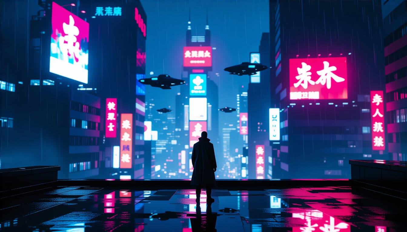 Cyberpunk Cityscape at Night in Neon-Noir Style