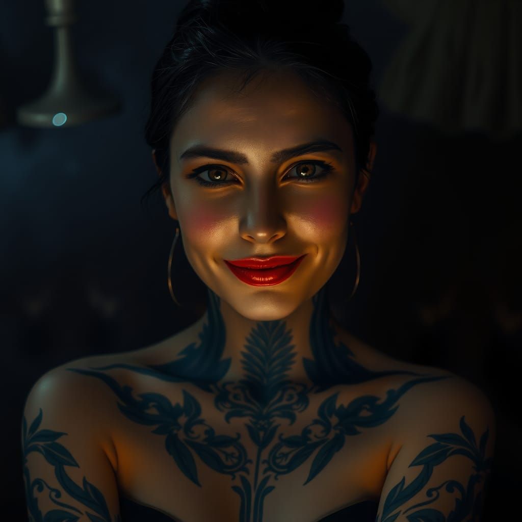 Mysterious Tattooed Woman in Dimly Lit Portrait