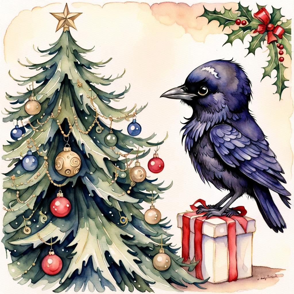 Raven Decorating Christmas Tree in Watercolor Style