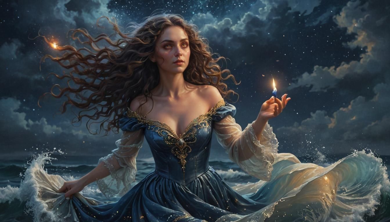 Candle Sorceress in the Sea: Detailed Oil Painting