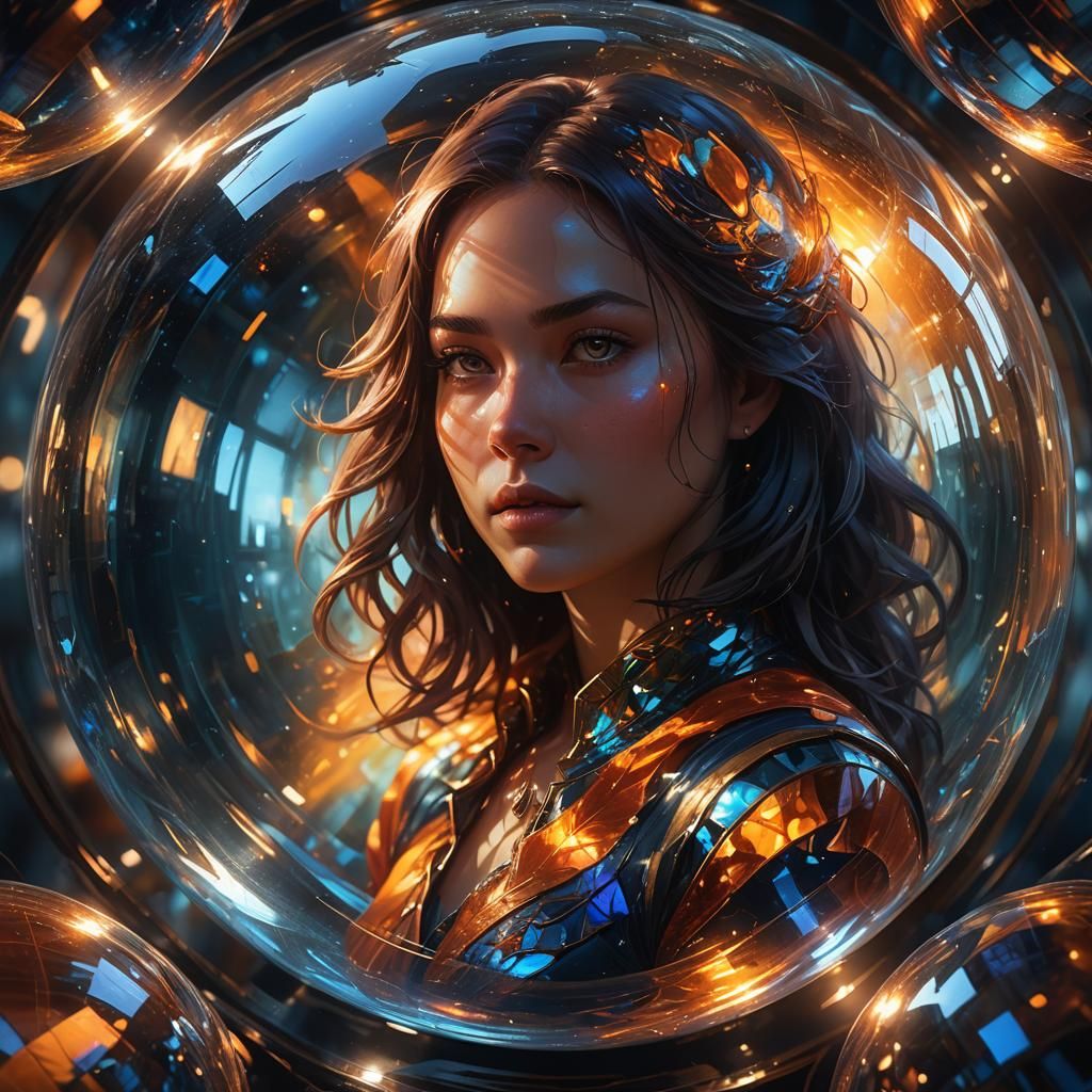 Girl Encased in Glass Sphere: Hyper-Realistic Fantasy Art