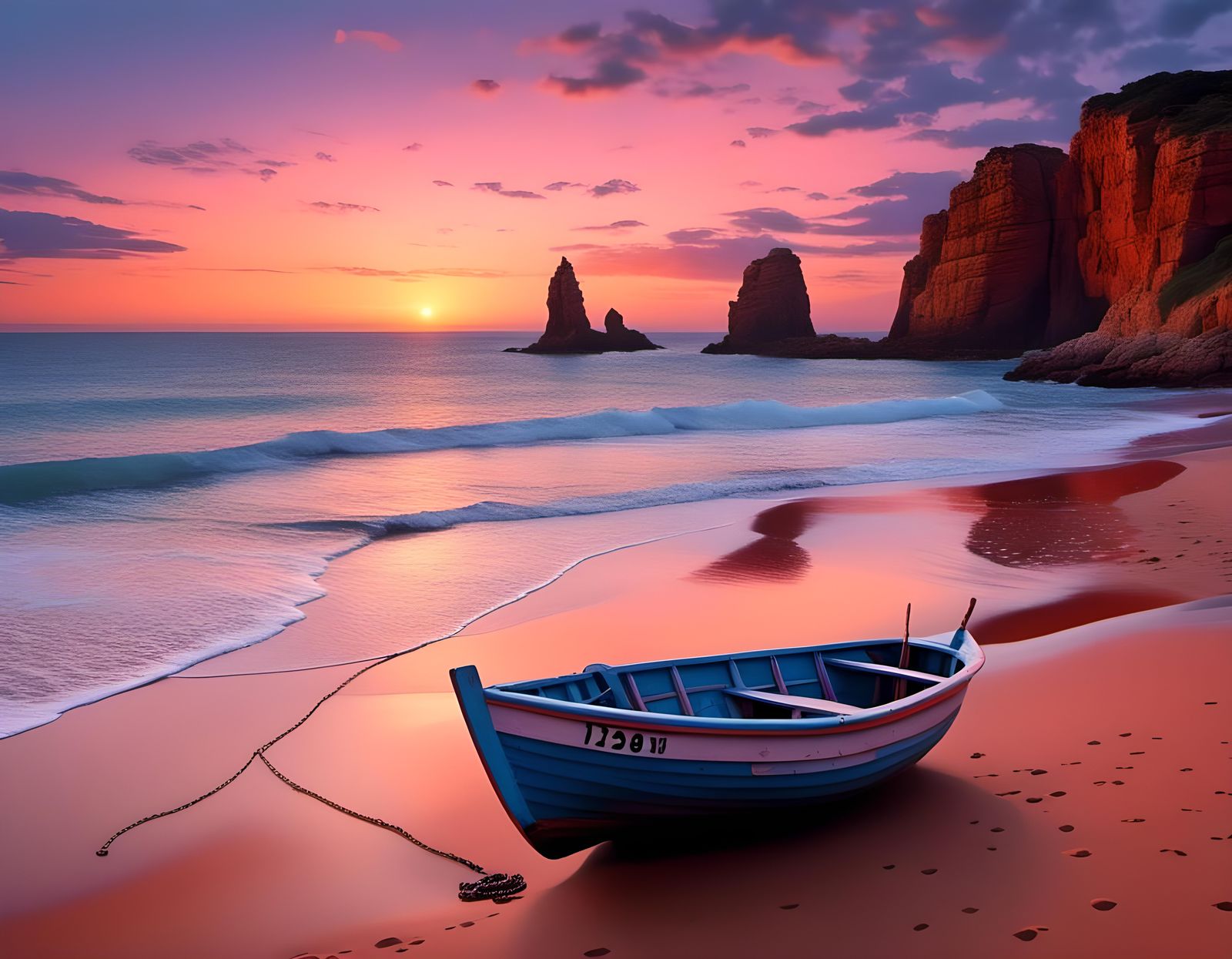 Australian Beach Sunset with Boat in Hyperrealistic Style