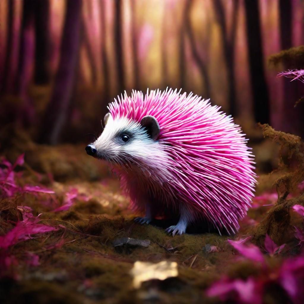 Pink Hedgehog in Mystical Forest, Surreal Art
