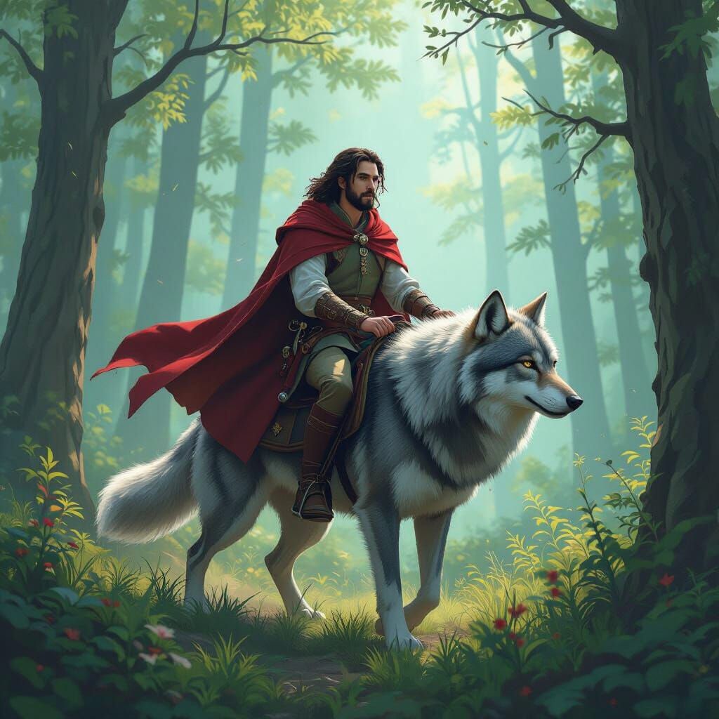 Medieval Rider on Wolf in Mystical Forest