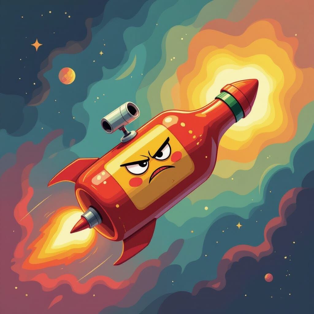 Sentient Hot Sauce Spaceship in Swirling Nebula