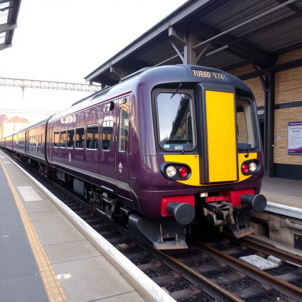 Dark purple class 160 Turbostar train with yellow cab end at...