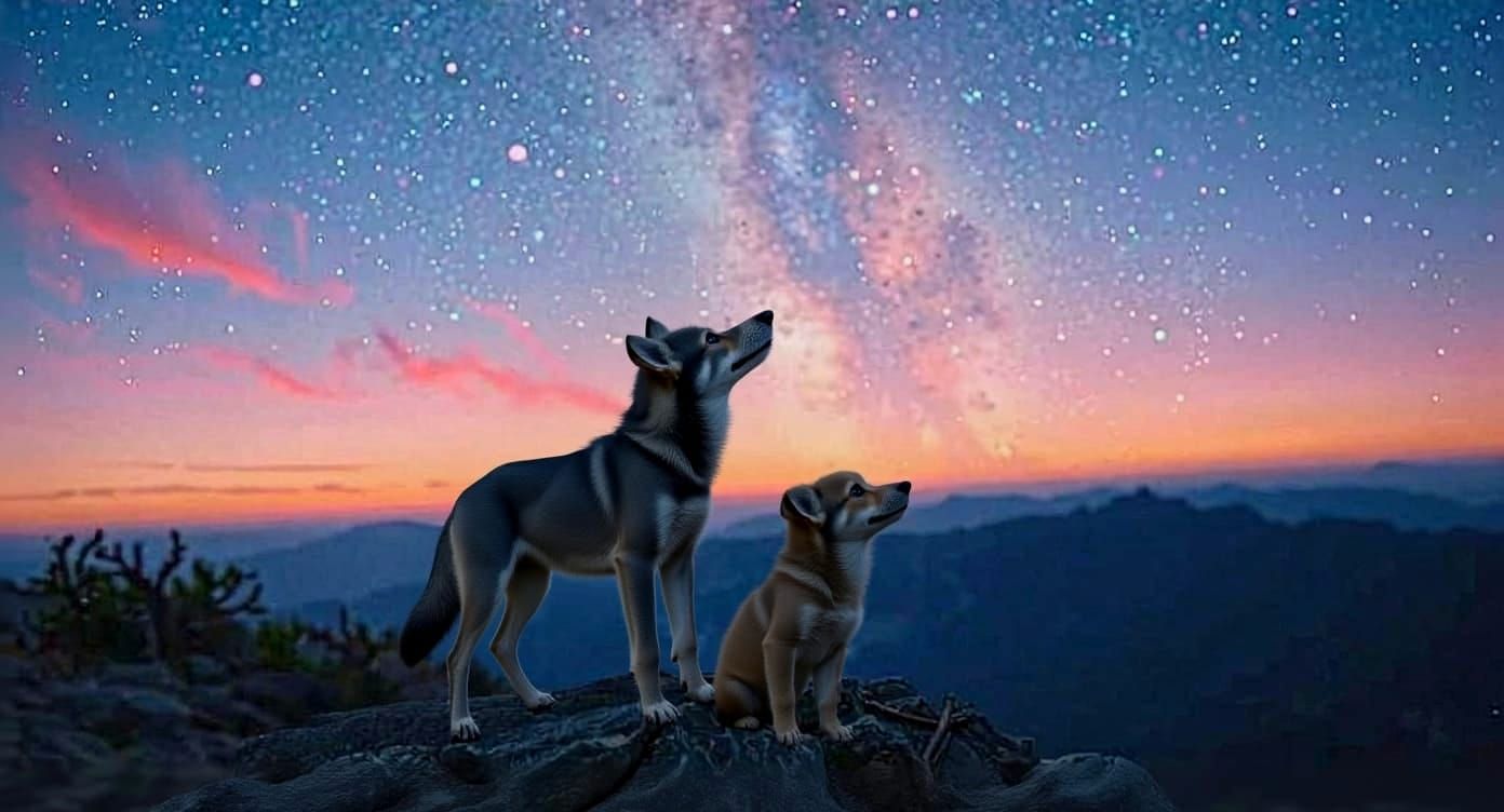 Wolf Family Stargazing Under a Vivid Dawn Sky