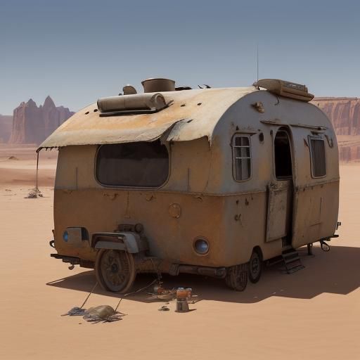 Old Caravan Rusting: Hyperrealistic Desert Concept Art