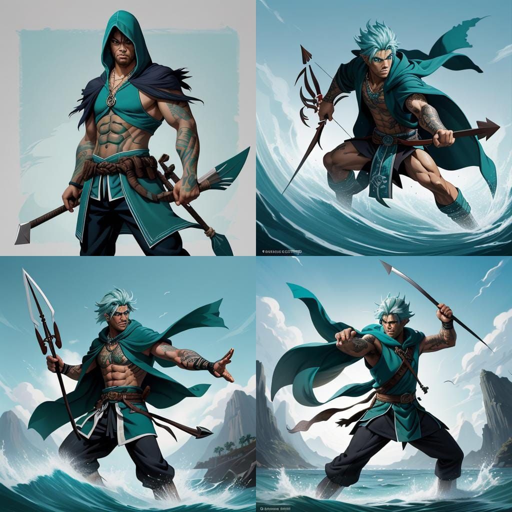 Hooded Sea Elf with Polynesian Tattoos, Anime Style