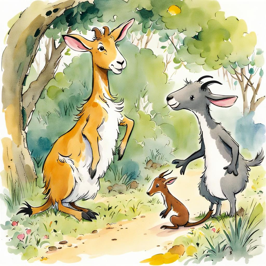 Goat and Kangaroo Zoo Illustration in Blake Style