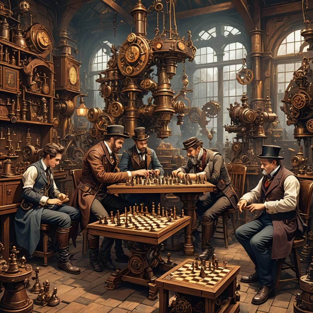 Steampunk Chess Game in Victorian Workshop